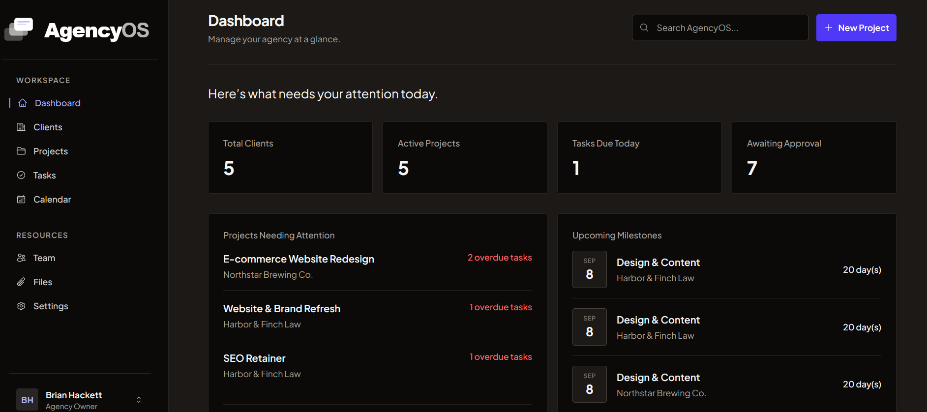 AgencyOS dashboard showing project, task, client, and milestone information