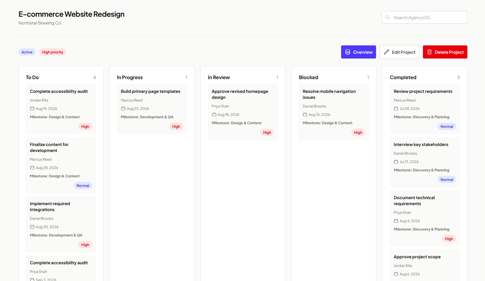 A view of a single project page, in board view